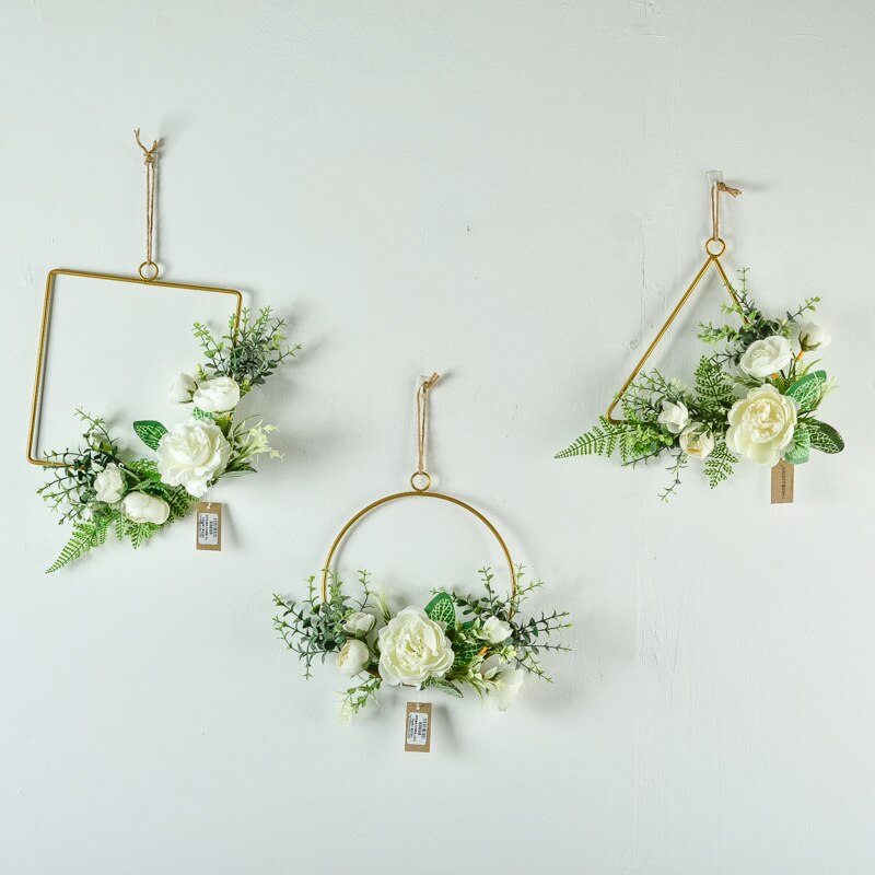 Cilected-flores artificiales de peonía blanca, decoración colgante de pared, guirnalda de aro de planta redonda de hierro forjado para decoración de boda
