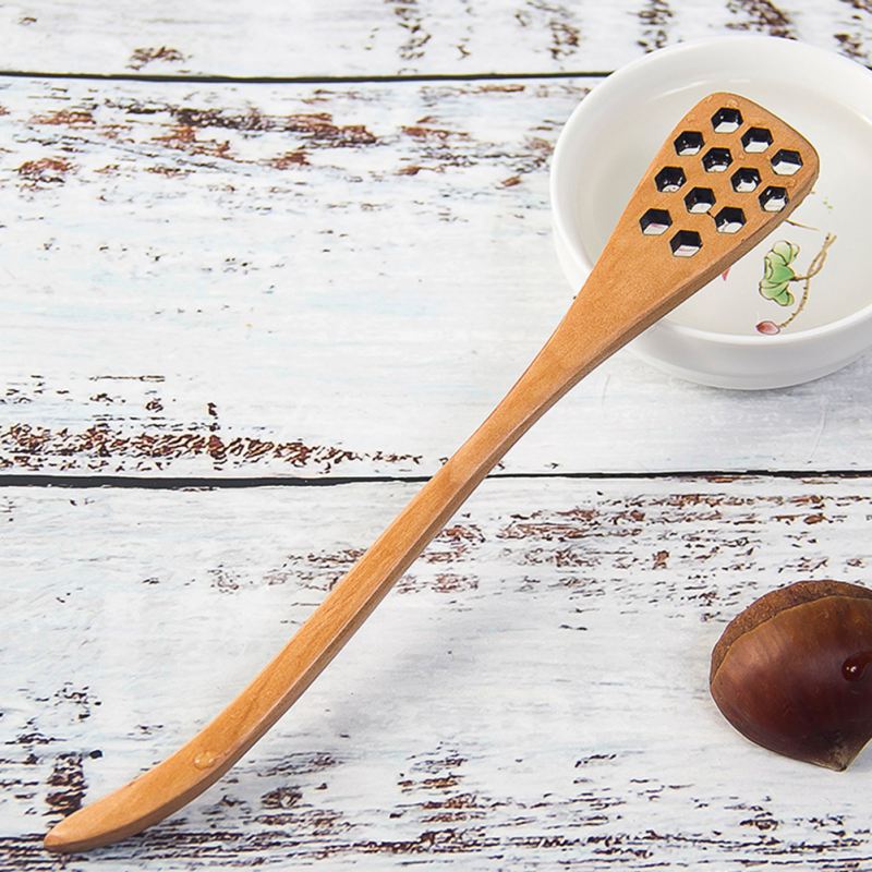 Lotus Wood Spoon with hole 18.5cm Long Handle Natural Wooden Household Honeycomb Stirring Spoon Coffee Tea Honey Spoon Double .
