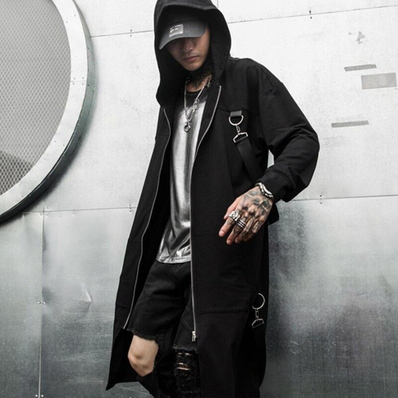 Trench-Coat Long à capuche pour homme, avec rubans, Patchwork, Punk, Hip-Hop, cape noire, fermeture éclair, Techwear, pardessus, collection printemps-automne
