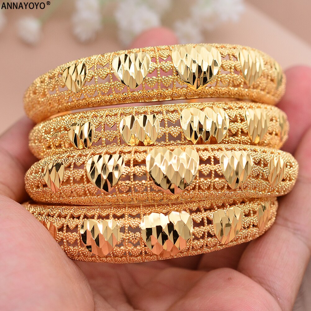 Annayoyo 4pcs India Ethiopian Bracelet Bangles For Women Arab Ethiopian Africa Dubai Gold Color Bangle Jewelry for women