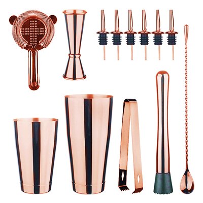 Cocktail Shaker Bar Set: 2 Weighted Boston Shakers,Cocktail Strainer Set,Jigger,Muddler and Spoon, Ice Tong and 2 Bottle Pourer: Copper Sets2