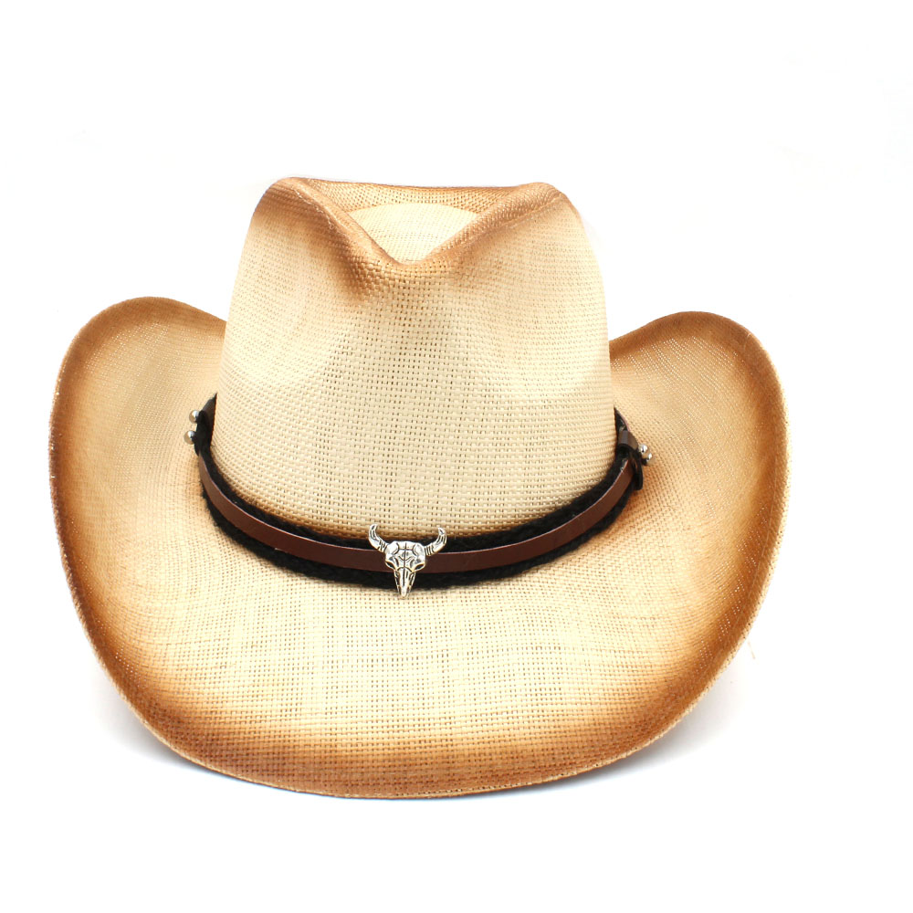 Kvinder halm cowboy hat med punk læderbånd til dame far western sombrero hombre cowgirl jazz caps størrelse 58cm: C7 stk