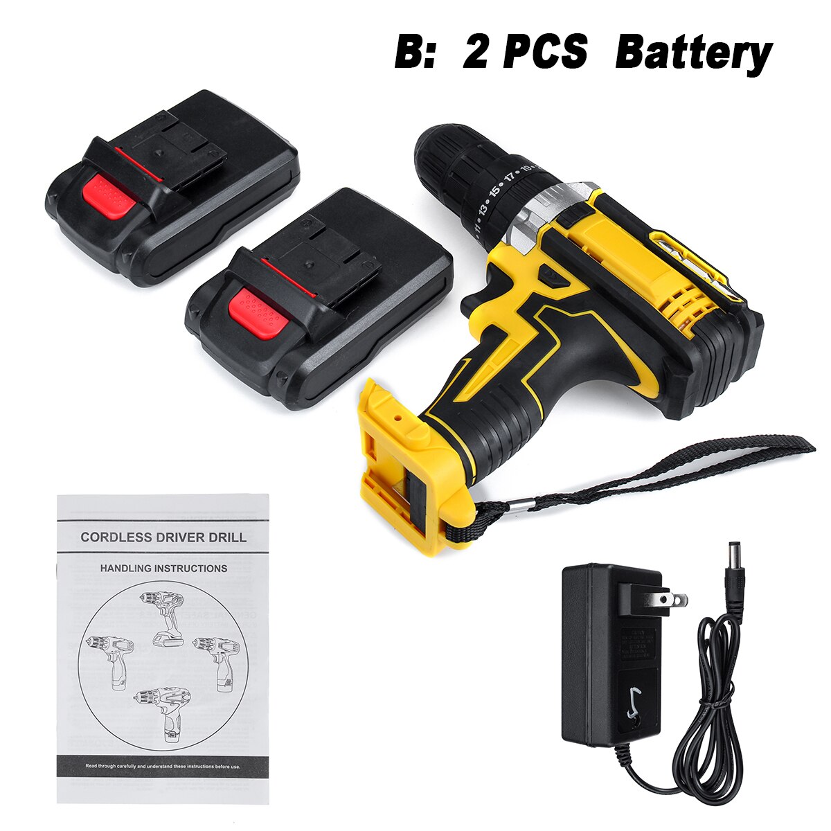 Taladro Inalámbrico 3 en 1 de 48V, destornillador eléctrico de doble velocidad, 18 + 2 controladores de potencia de torsión con 1/2 piezas, batería recargable de iones de litio: Yellow 2 battery