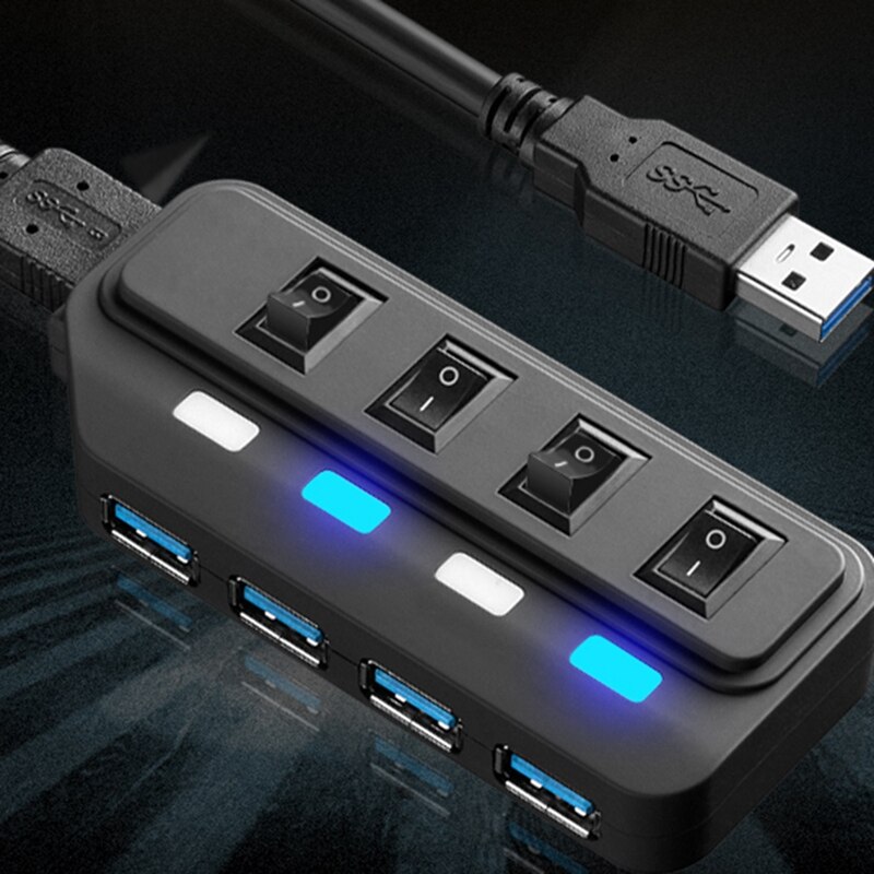 USB Hub 3.0 Splitter,4 Port USB Data Hub with Individual LED Lit Power Switches for Computers