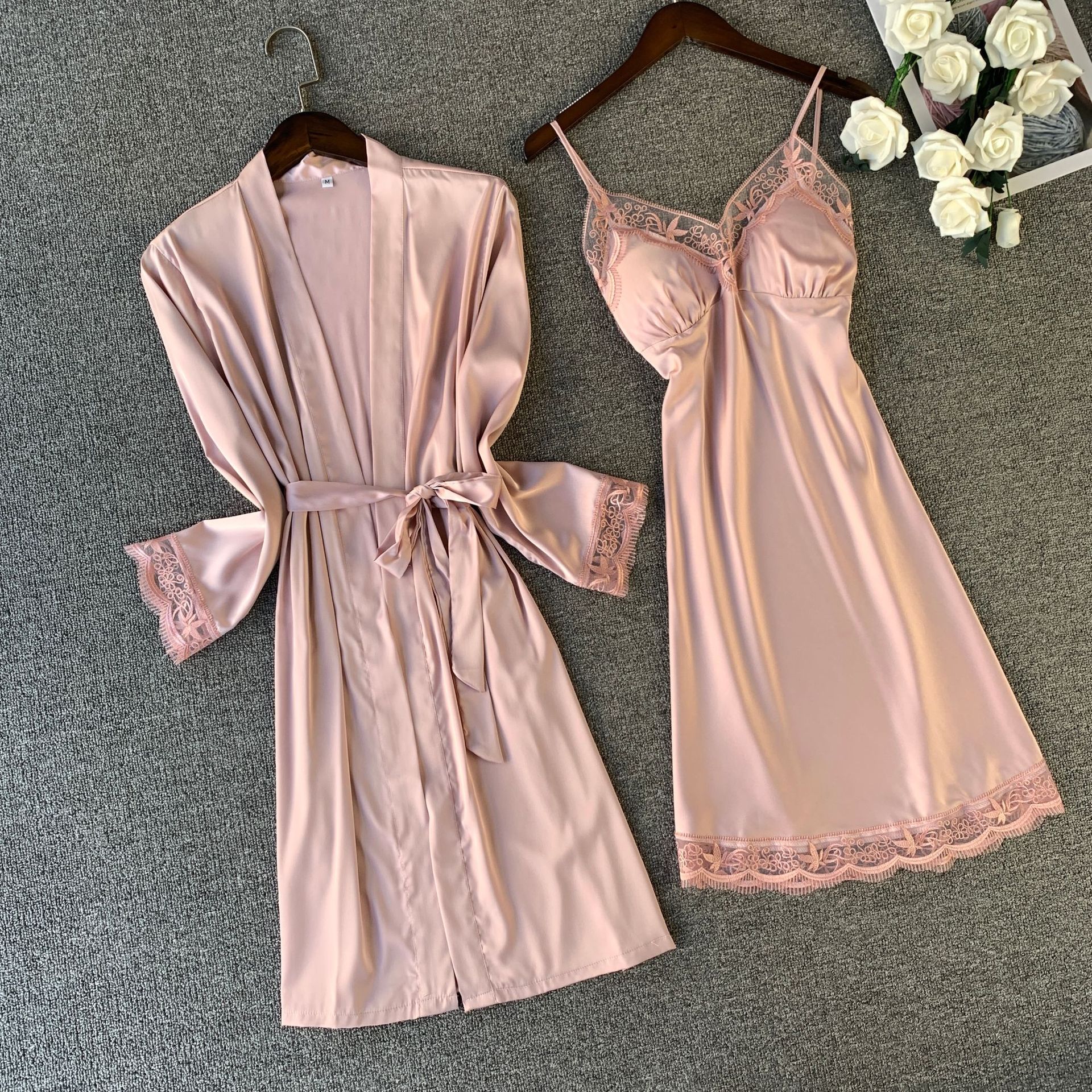 Pink Silk Rayon Nighty&amp;Robe Set Nightgown Sexy Lace Wedding Robe Sleepwear Spring Summer Kimono Bathrobe Gown Loose Home Dress: Pink Robe Set / M