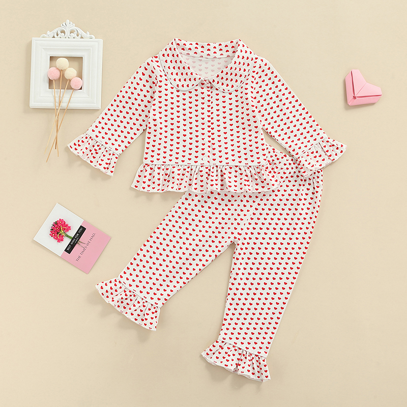 Ensemble pyjama pour bébé fille, chemise à manches longues et ourlet à volants à revers avec boutons + pantalon à taille élastique, vêtements de maison décontractés, costume 2 pièces, 18 mois à 6 ans