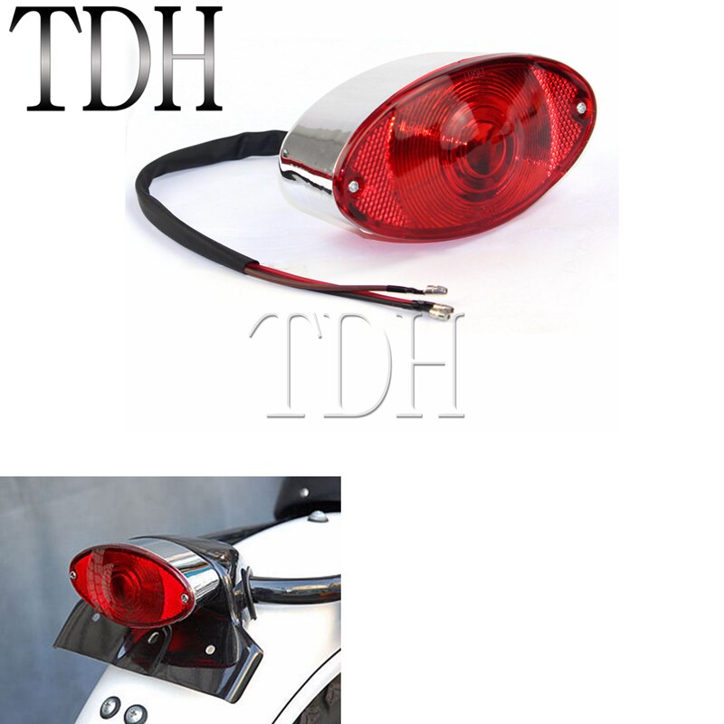 Chrome Red Lens Motorcycle Cat Eye Taillight Brake Stop Lamp Licence Plate Lights For Harley Custom Chopper Softail Cafe Racer