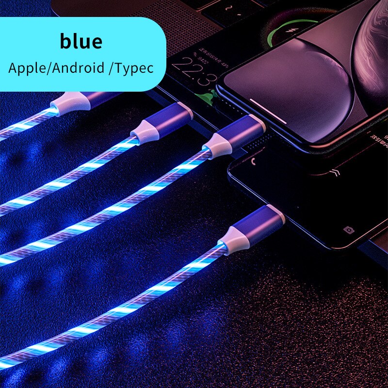 1.2m Car Charging Mobile Phone Cable USB IOS Type C Flow Luminous Lighting Data Wire for Samsung Huawei LED Micro Kable: Blue