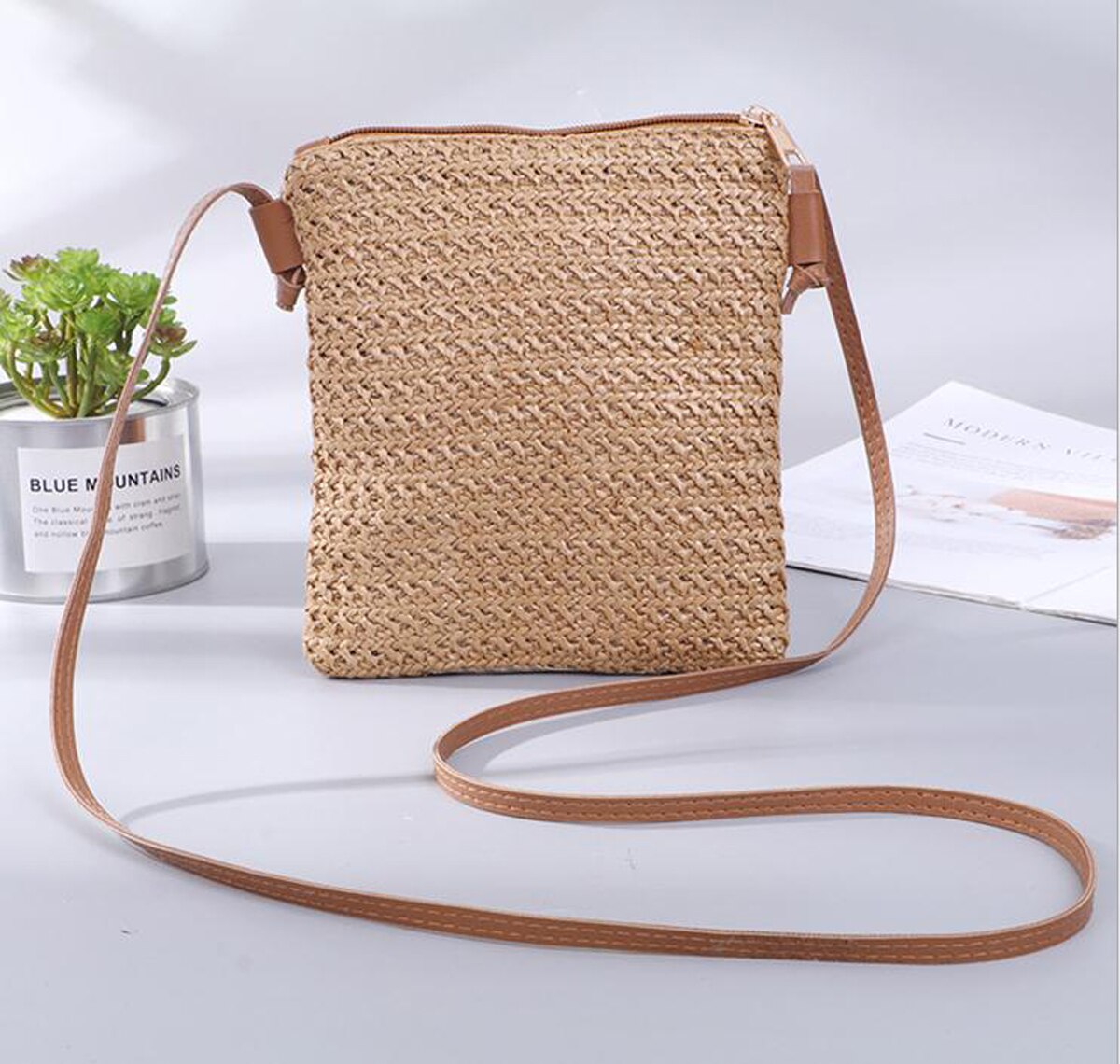 Kvinder damer halmtaske rattan vævet tote pung crossbody messenger taske lille firkantet håndtaske boho strand sommer: Dyb kaffe