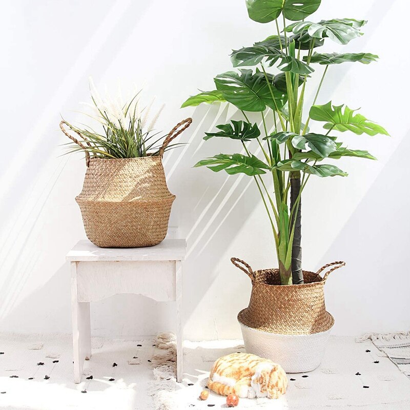 Gevlochten rieten buikmand voor opberging, plantenbakmand en was-, picknick- en boodschappenmand