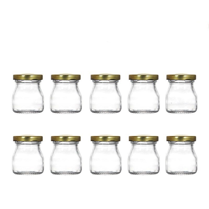10 st små glasflaskor påfyllningsbara burkar för godis sylt glasmatpaket med svart/guld/silver lock 50ml: Guld lock
