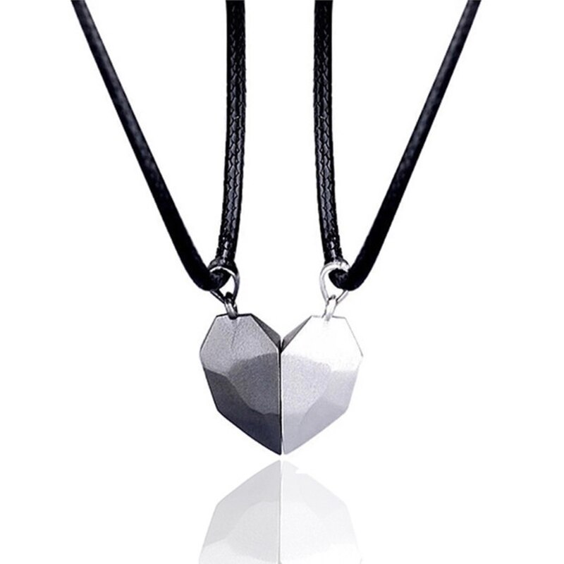 2Pcs Minimalist Lovers Matching Friendship Heart Pendant Couple Magnetic Distance Faceted Heart Pendant Necklace Jewelry: C