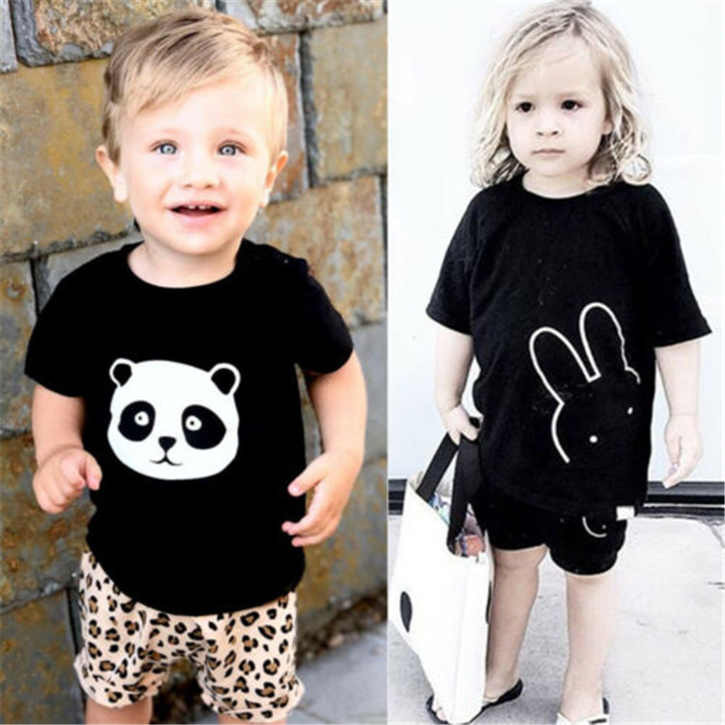 Baby Meisjes Jongen cartoon t-shirt Zwart Panda Bunny korte mouw O hals T-Shirt Kleding Zomer basic tee Tops katoen tee