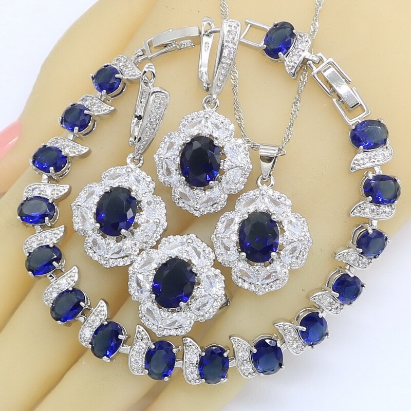 Set di gioielli semipreziosi blu classici per le donne bracciale da sposa collana pendente orecchini anello confezione regalo