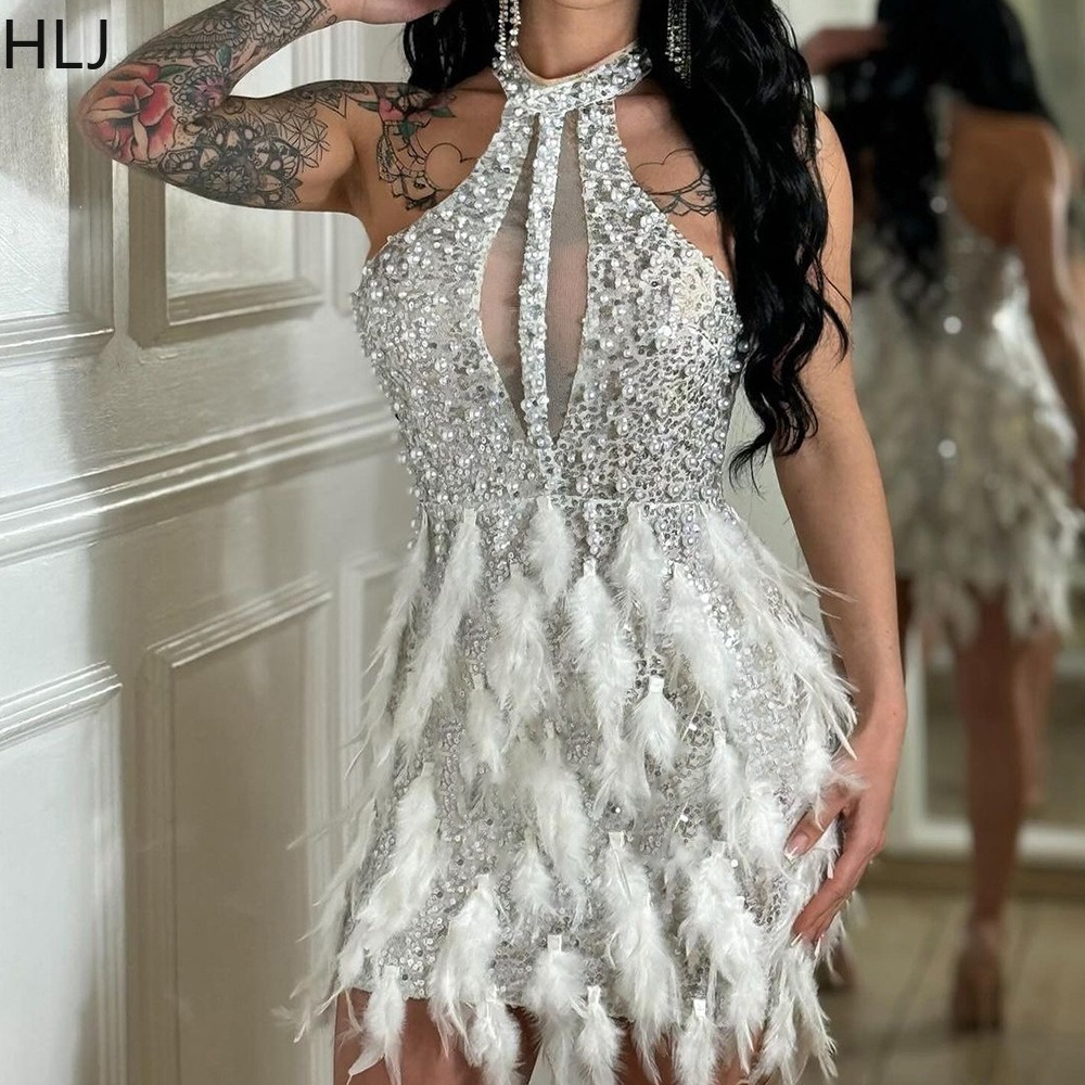 Hlj sexet mesh splicing pailletter fjer bodycon festklubkjole kvinder rund hals ærmeløs slank vestidos kvindeligt aftentøj