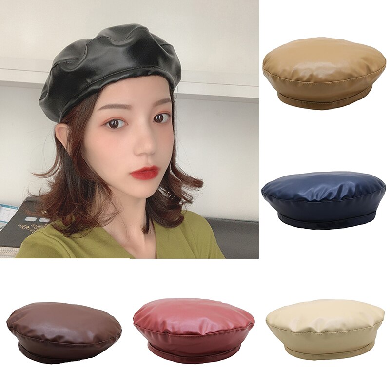 Gorro plano de cuero clásico Cortex, gorras para sol, boinas, gorro redondo, Primavera Verano, mujeres, Coreano sólido, informal, de tocado salvaje