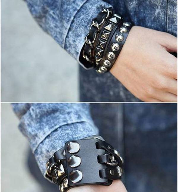 Punk rock klinknagel meerdere lagen cirkels piramide stud ketting leren armband