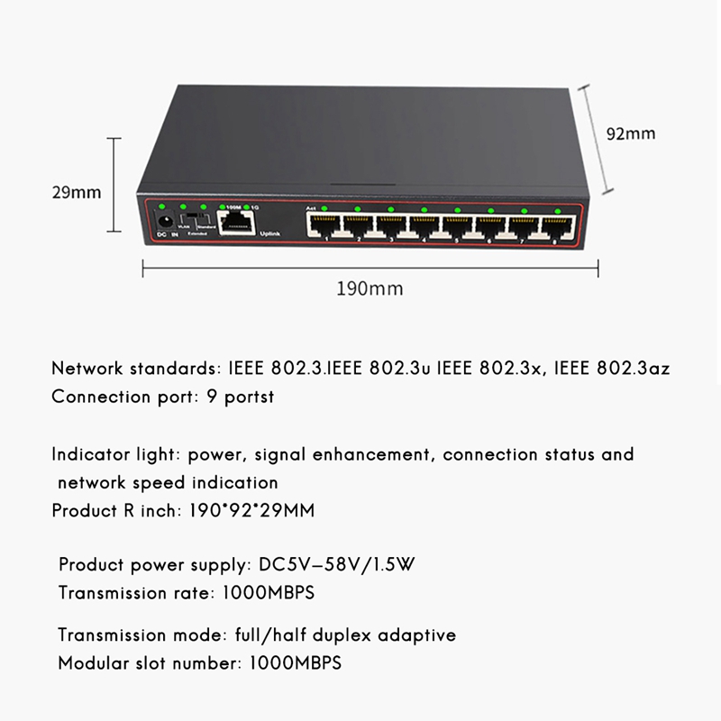Interruptor de 9 puertos Gigabit, conmutador Ethernet de red, 100/1000Mbps, enchufe de la UE