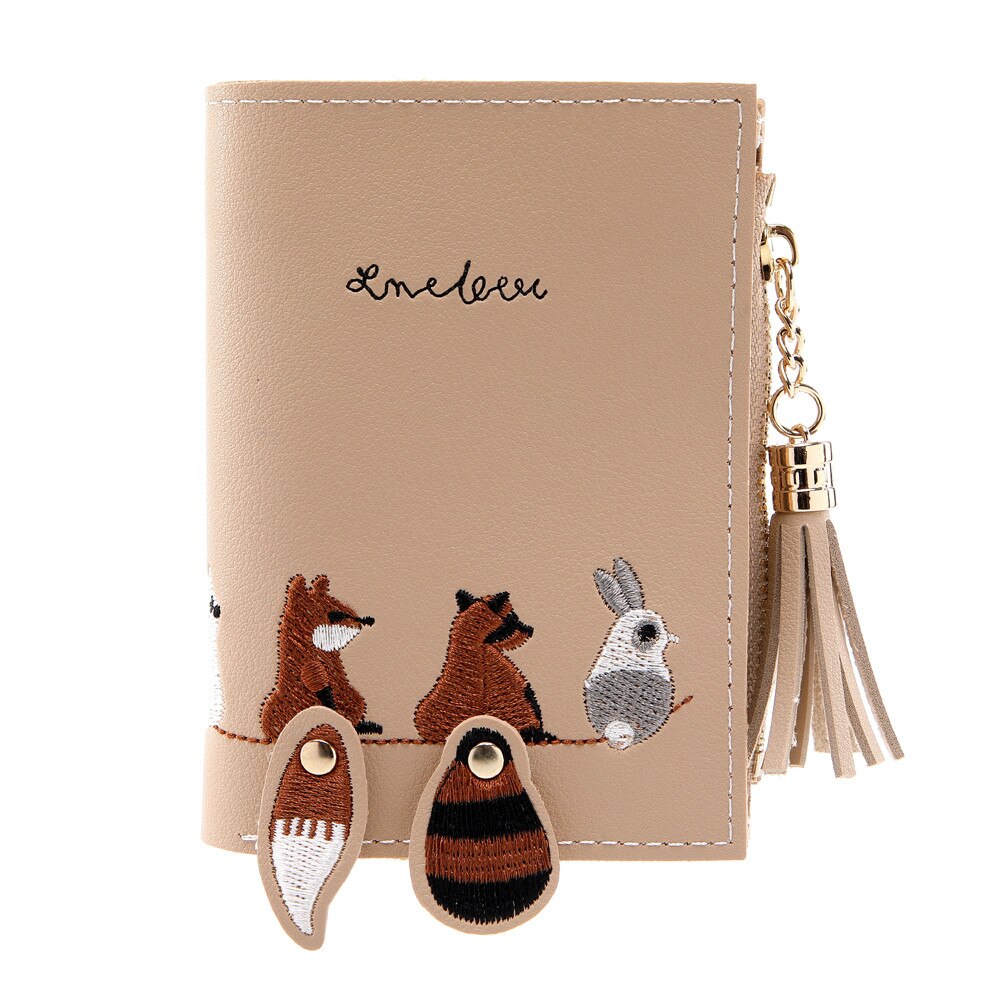 Damen-geldbörse mit fuchs- und katzenmotiv, kurze geldbörse mit quaste, münzfach, kartenhalter, handtasche, rosa, grün, schwarz, grau, damen-geldbörsen und -portemonnaies, carteira  #t20