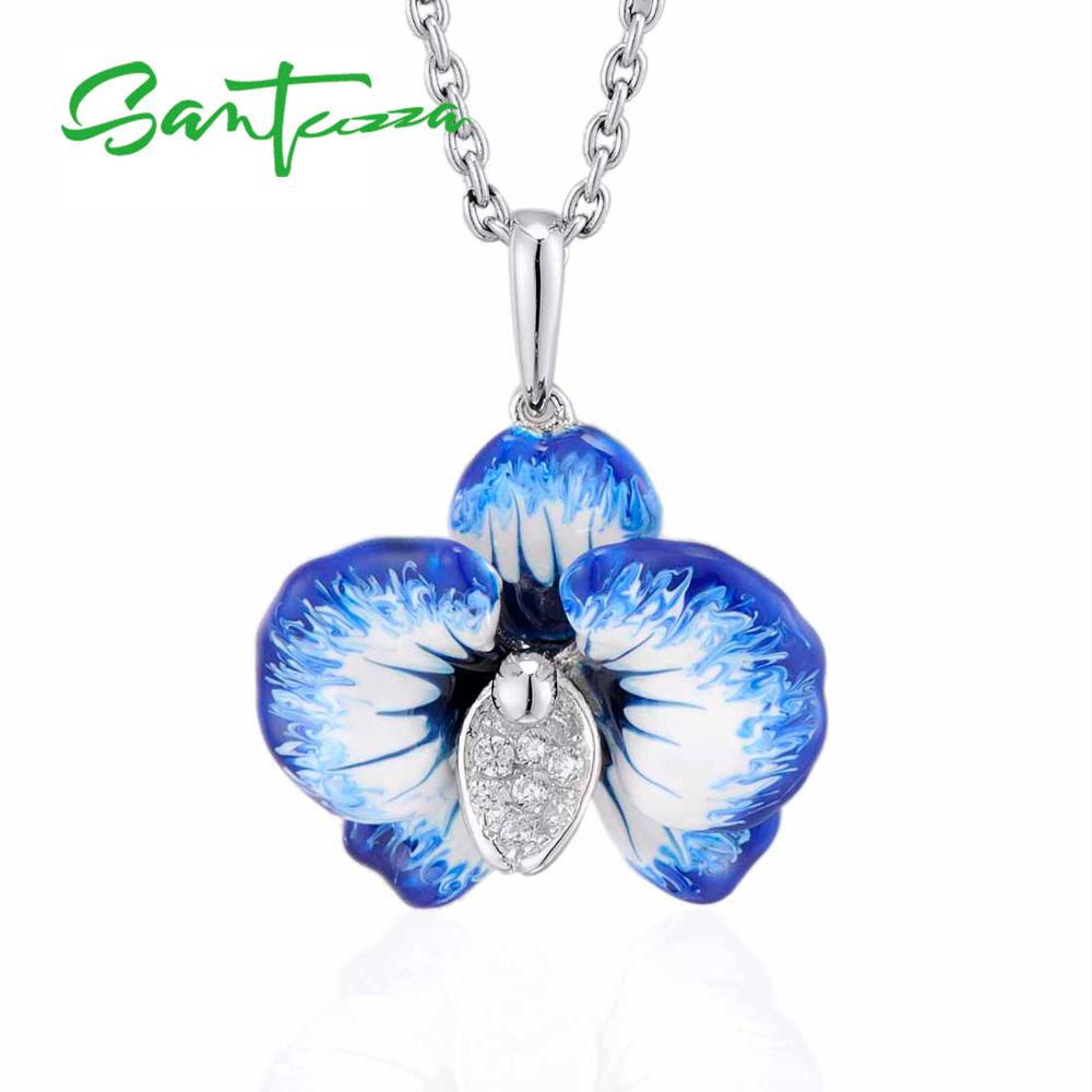 SANTUZZA flor azul anillo de plata de la joyería pendientes colgante conjunto para mujer Plata de Ley 925 de Chic, joyería hecha a mano, esmalte