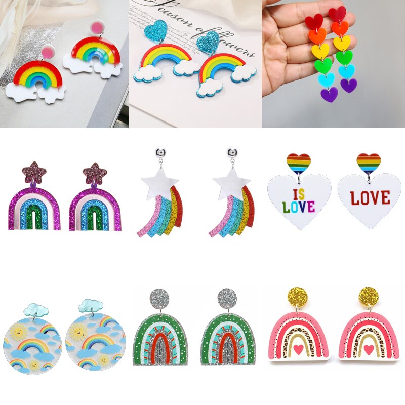 Donarsei moda colorido arco-íris brincos para as mulheres bonito dos desenhos animados nuvem coração gota balançar brincos presente