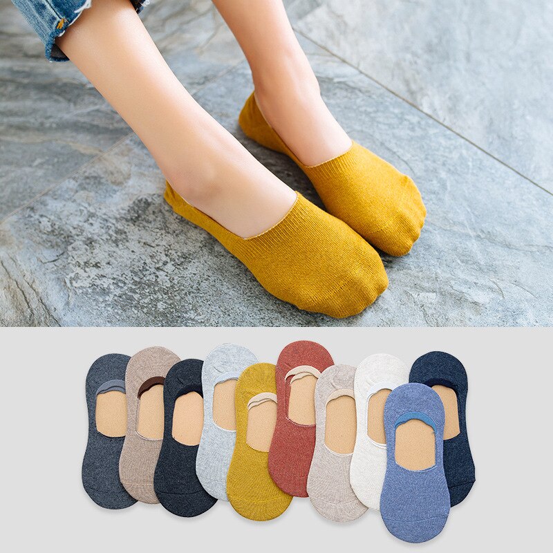 5Pair Women's Cotton Invisible No Show Socks Non-slip Silicone Sock Solid Color Felmen Sock Slippers Short Socks