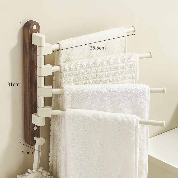 Toallero giratorio de madera de nogal, soporte de pared para baño sin agujeros, toallero de barra múltiple, estante de almacenamiento de toallas para baño: BLANCO