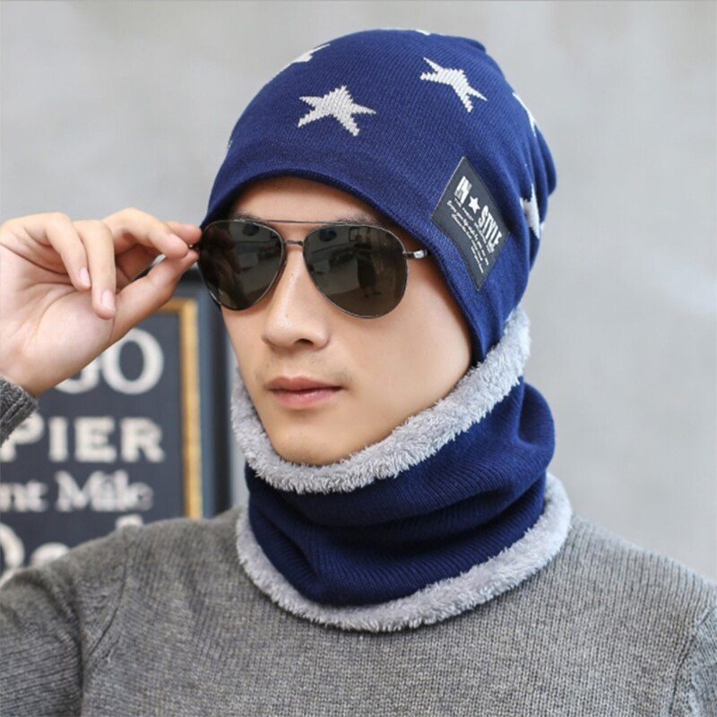 Mænd hat pentagram uldhat efterår og vinter afslappet bønnehue varm strikning forældre-barn hat koldsikker plyshue: Flåde