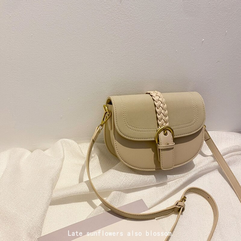 Small bag women's autumn / winter frosted messenger bag net red retro semicircle saddle bag: Creamy-white