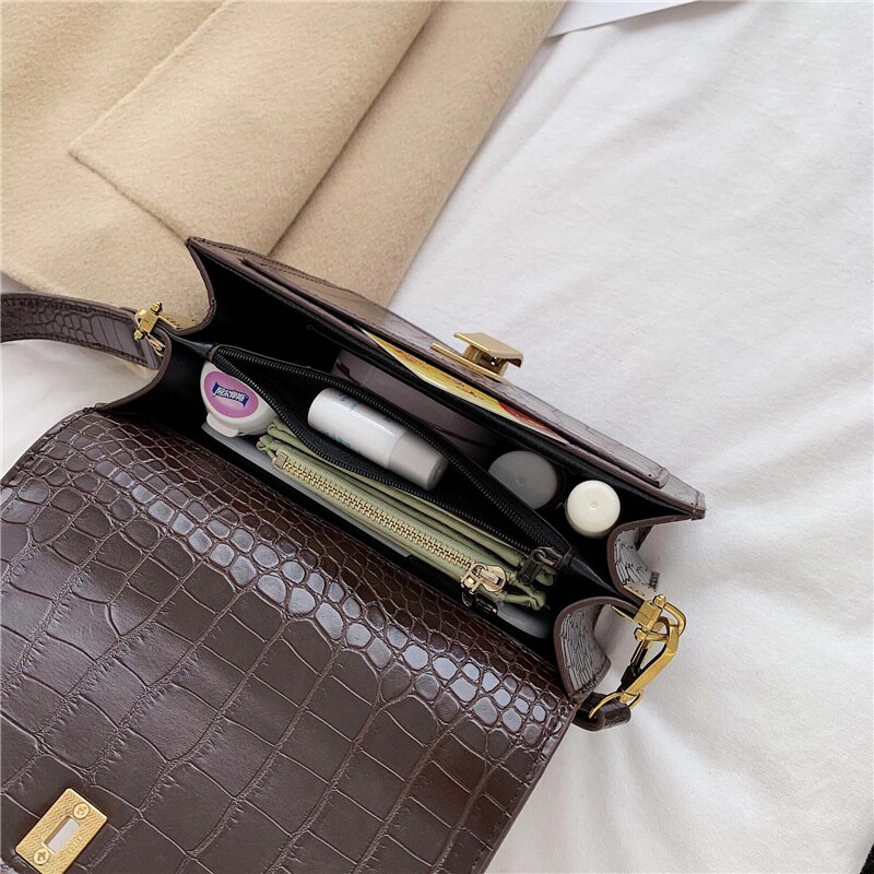 Simple Women's Handbag PU Leather Women Messenger Bag Alligator Shoulder Crossbody Bags Black