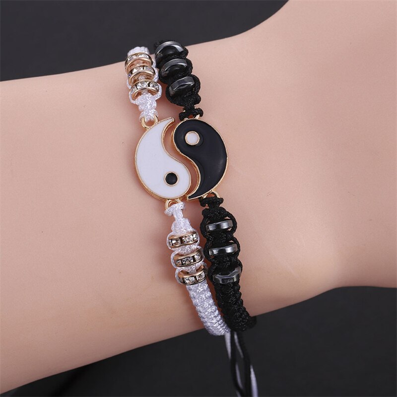 Tai Chi Yin Yang Couple Bracelet Alloy Pendant Adjustable Braided Chain Bracelet Necklace Matching Lover Bracelet Necklace