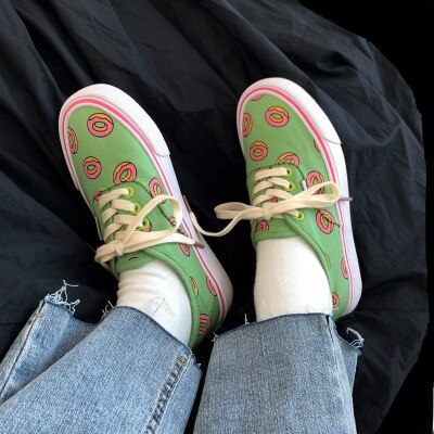 Meisje Chic Canvas Schoenen Lente Herfst Cartoon Donut Leuke Sneakers Met Donut Print Casual Schoenen Trainers 35-40 Lage lace Up: green / 38