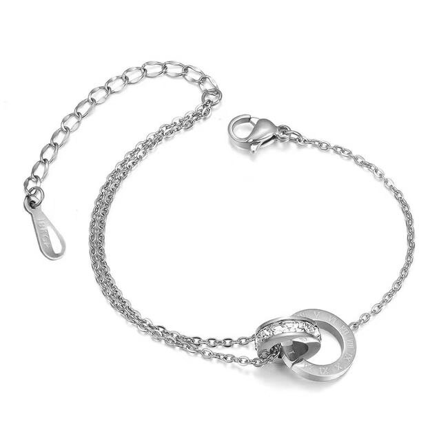 18KGP Titanium Staal Vrouwen Enkelbandje Armband Dubbele Cirkel Crystal Romeinse Cijfers Voet Armband Vrouwen Sieraden: Silver