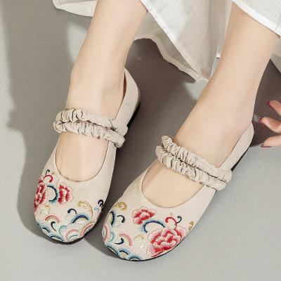 mujer zapatos planos mujer Ballet pisos viejos zapatos de tela de Pekín cómodos mocasines casuales deslizamiento en calzado bordado: Beige / 35