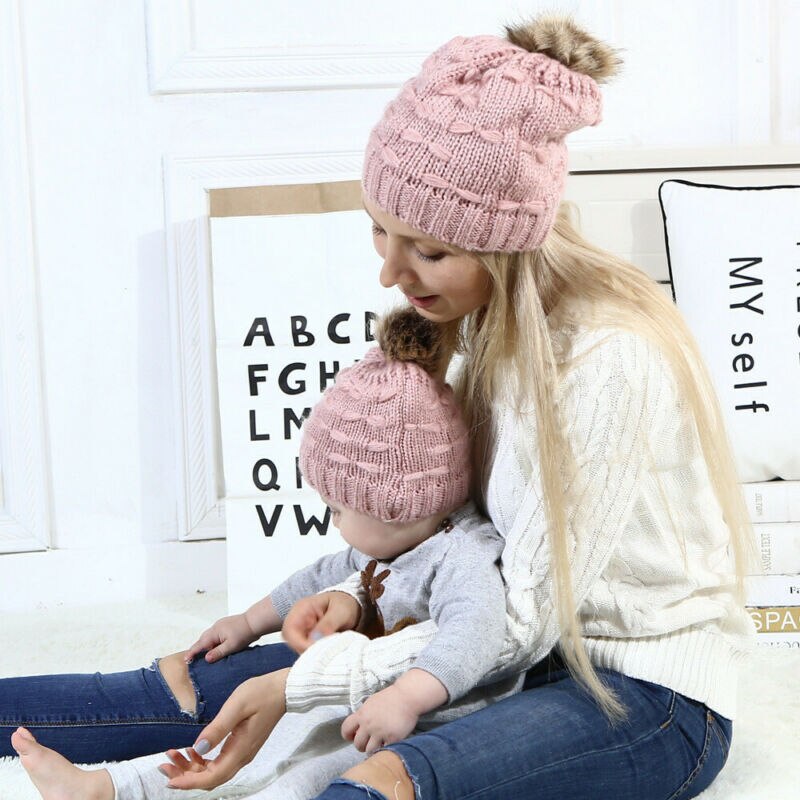 2pc mamma låve strikket ull hatt baby vinter varm hette pompom boble lue hattemaker baby strikk soild bomull blanding kvinner varm vill søt