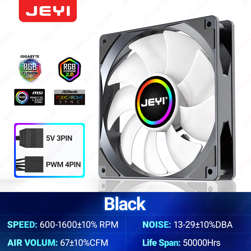 JEYI 120mm PC ARGB Cooling Fan AURA SYNC RGB Computer Fans Ultra Silent Heatsink Ventilador with 4PIN PWM and 5V 3PIN ARGB Port: Black