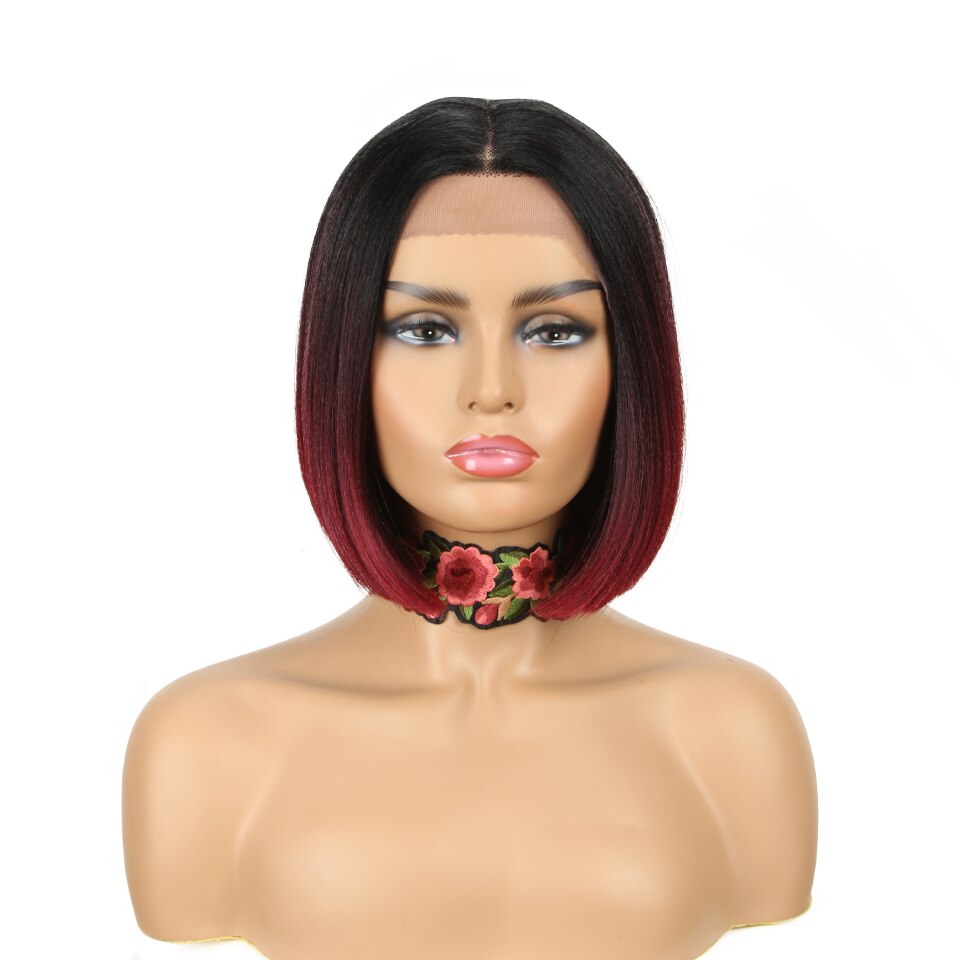 Magic 11inches Black Bob Wig Middle Part Synthetic Front Lace Wig For Black Women High Temperature Heat Resistant Fiber Hair: TT1B-BUG