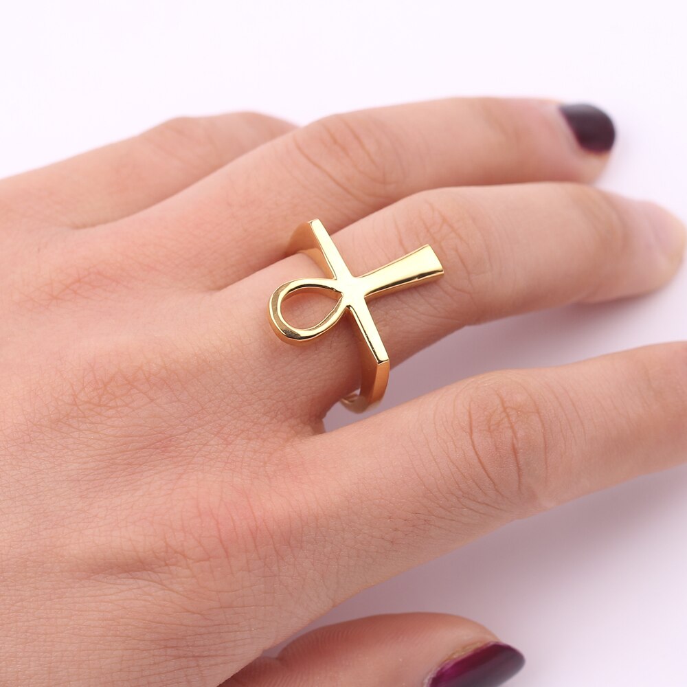 Oude Egypte Ankh Goud Kleur Vintage Cross Ring Voor Vrouwen Amulet Mode Ring Sieraden Punk Etnische Religie Kerstcadeaus