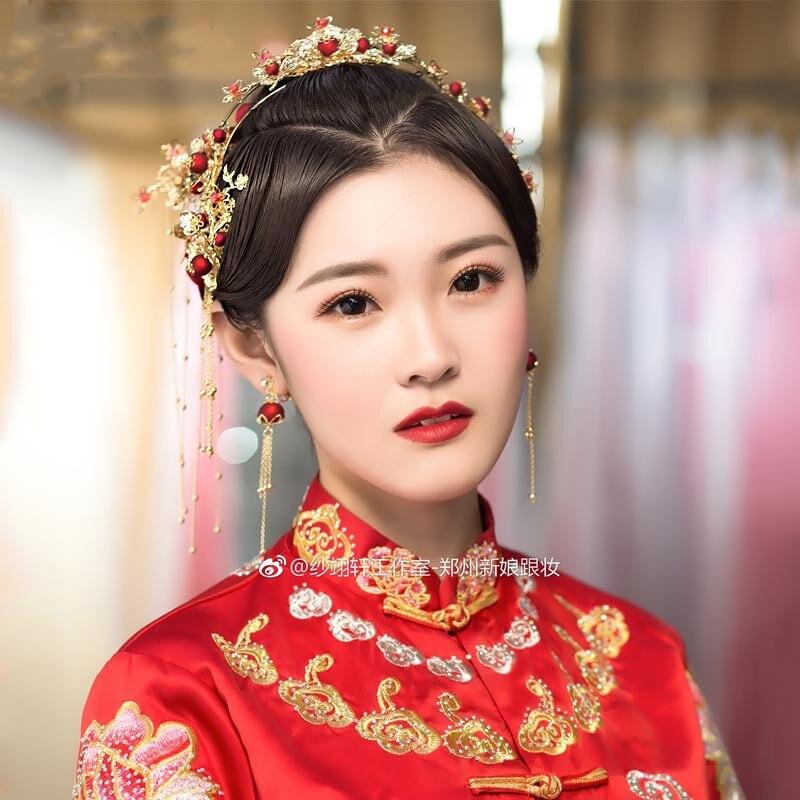 Braut der Chinesischen stil rot headwear ohrringe alte quaste crown hochzeit haar zubehör