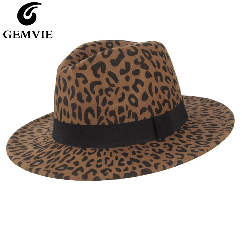 Gemvie bred skygge leoparduld fedora filthue til kvinder varm vinter panama hat jazz kasket med bånd