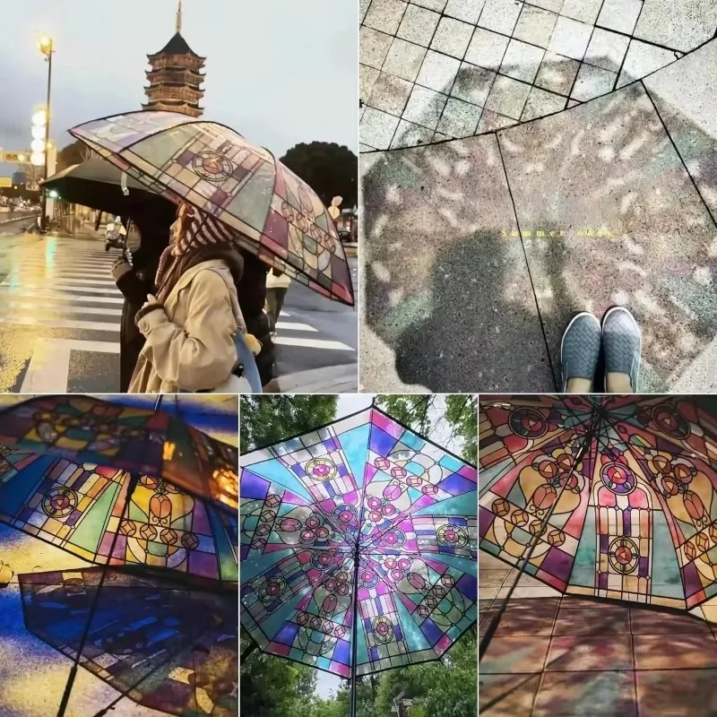 Paraguas transparentes pintados a mano con estampado de vitral, mango largo, sombrilla romántica Unisex para protección solar y lluvia