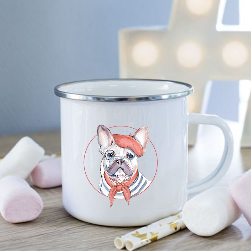 Taza de esmalte con estampado de Bulldog Francés, tazas creativas de café, bebidas, postres, desayuno, leche, tazas Vintage con asa, los mejores