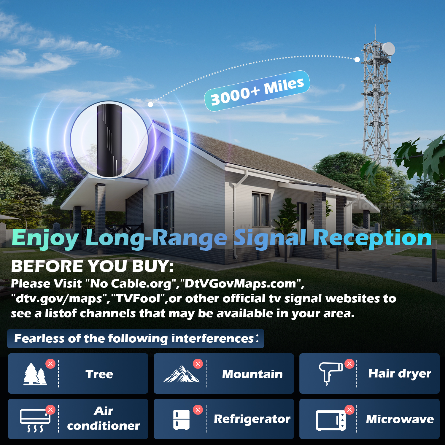 3000+ Miles Range TV Antenna,Digital TV Antenna Indoor/Outdoor with Amplifier Signal Booster, HDTV Antennas 38ft Coax Cable 4K