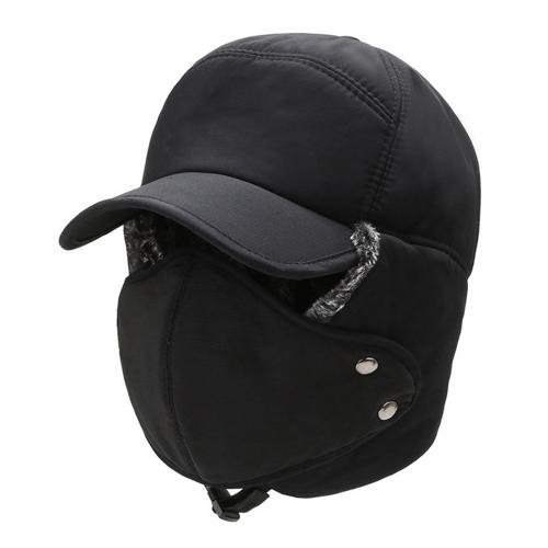 Men Bomber Hats Warm Plush Ear Flaps Breathable Mask Neck Thicken Winter Cycle Cap Scarf Set Women Men Warm hat with wide brim: Black