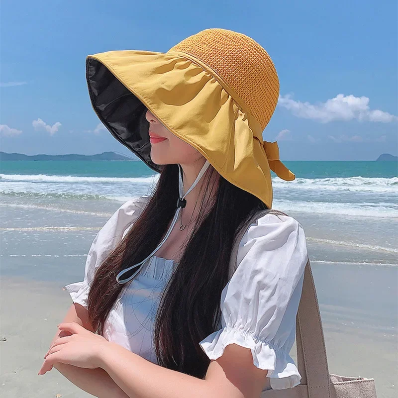 Cappelli da sole per donna all'aperto Cappello da sole estivo Berretto di protezione solare a tesa larga Resistente ai raggi UV Ombreggiatura per il viso da escursionismo: YELLOW