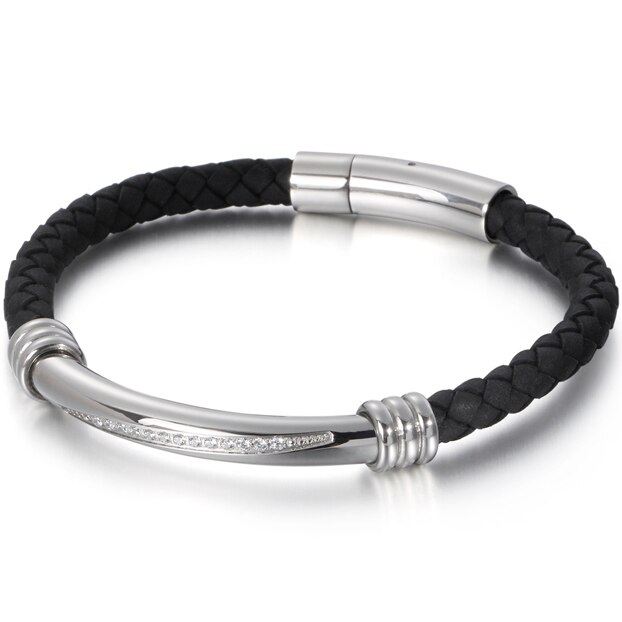 Bracelet en cuir rouge hommes or acier inoxydable avec des Bracelets à breloques CZ tressé corde Bracelet Bracelets d'enveloppement bijoux masculins: Silver Black