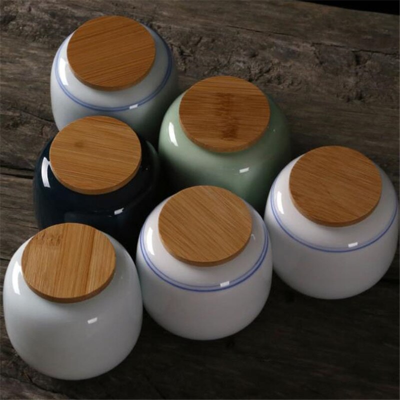 Retro Bamboo Lid Seal Ceramic Tea Cans Food Storage Chinese Pastoral Style Porcelain Mini Sealed Tea Caddy Candy Jars Canister