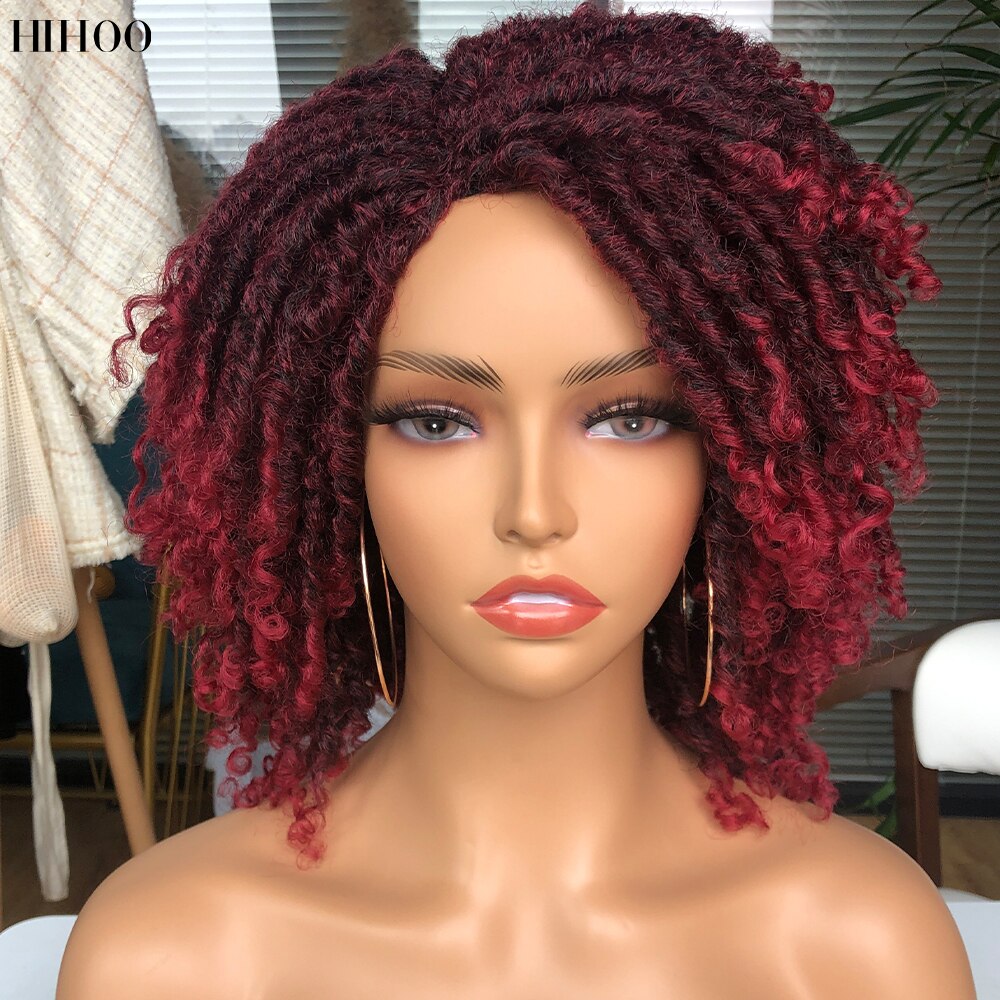 Hihoo Dreadlock Curly Wig Soft Short Synthetic Natural Hair Wigs With Bangs For Black Women Ombre Crochet Twist Hair Wigs 14'': 1B-BUG
