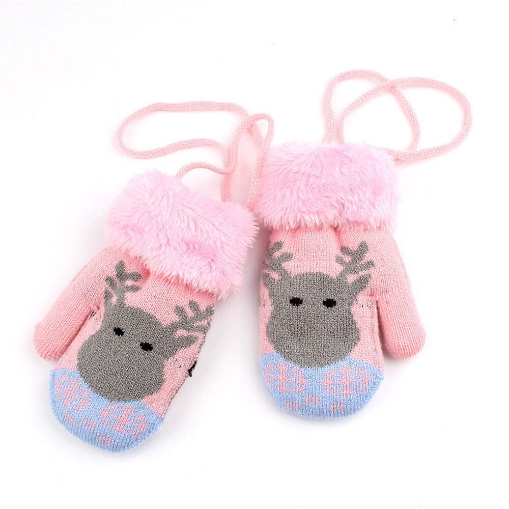 Christmas Toddler Baby Winter Cartoon Deer Velvet Knitted Mittens Gloves Boy Girl Kids Children Outdoor Child Gloves: pink