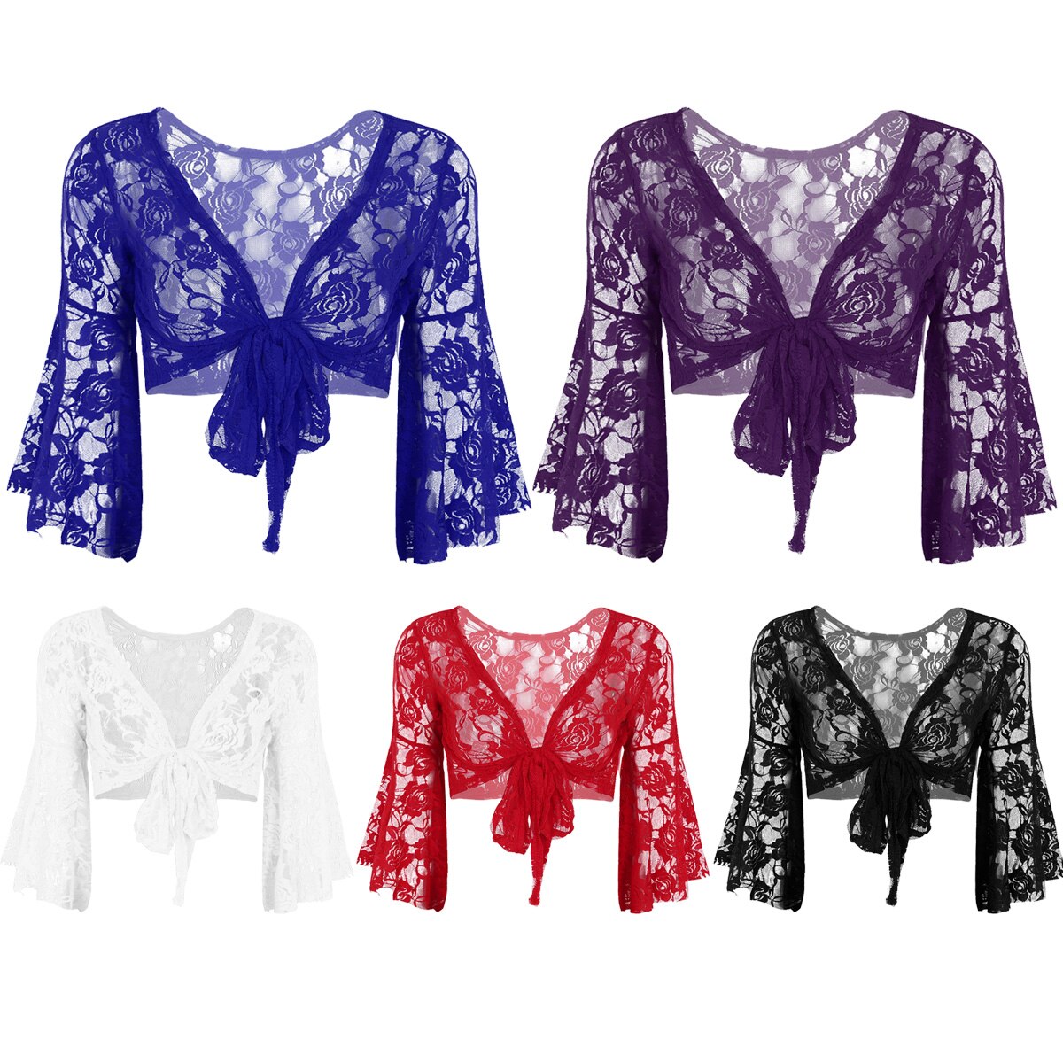 Haut moulant transparent en dentelle pour femmes, Sexy, haut en maille, manches longues évasées, chemise de danse du ventre, réservoirs, cravate avant, Cardigan, enveloppe les épaules, Clubwear